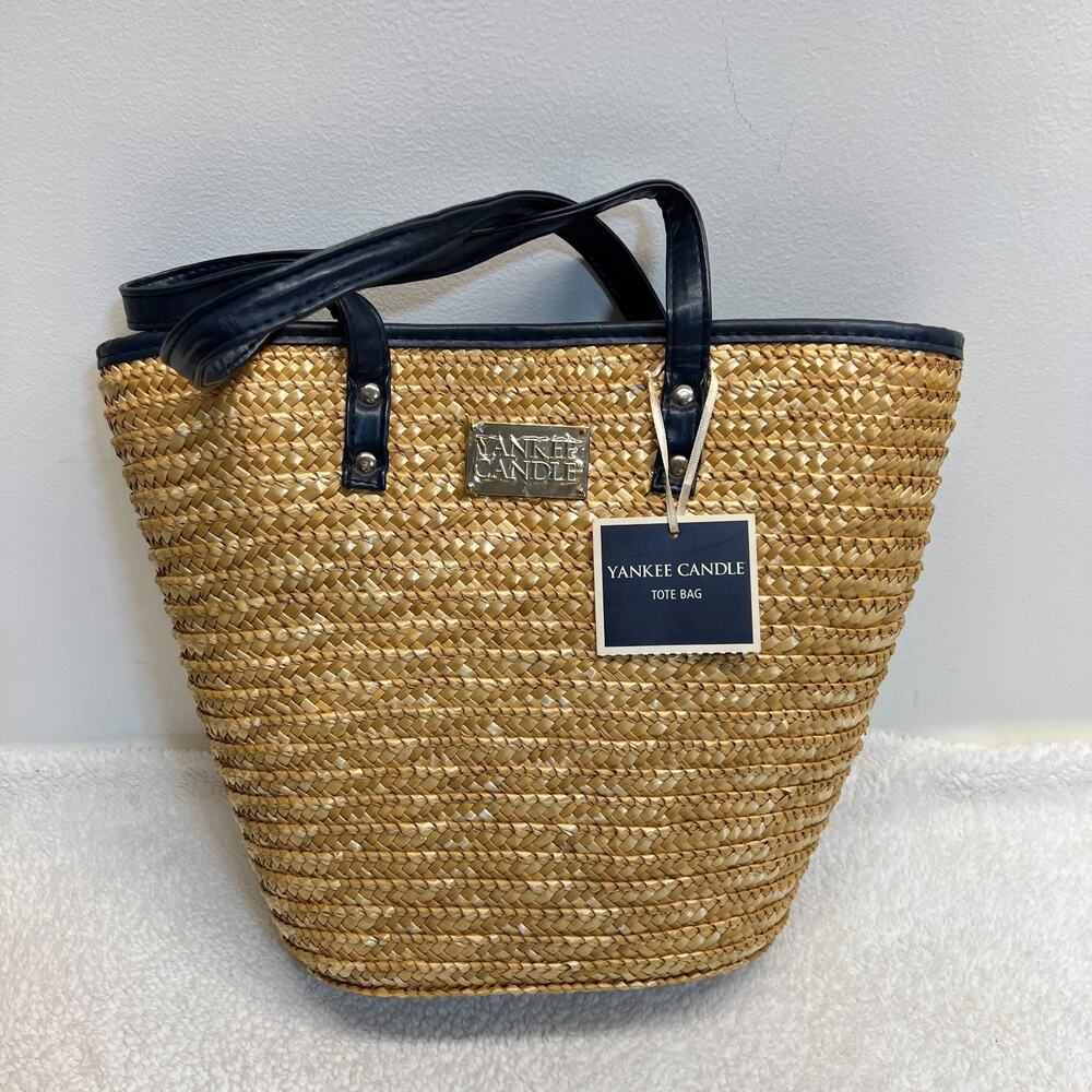 Yankee Candle Woven Straw Beach Tote Bag Tan Navy Blue Polka Dot Lining Purse